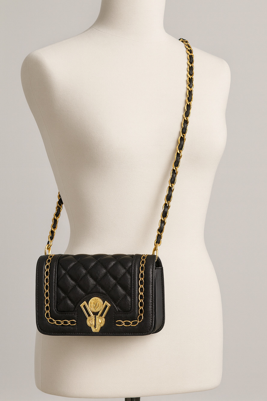 Valentino Orlandi Black with Gold Quilted Crossbody Purse - New w/ Tag